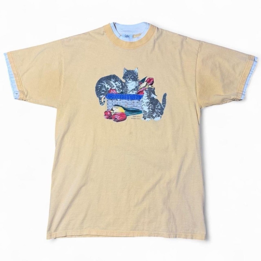 Vintage 90s Cute Kitty Cat Kitten Flowers Floral Cottage Graphic T-shirt Large